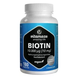 BIOTIN 10 mg veganské tablety s vysokou dávkou, 180 ks